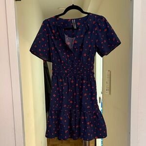 Navy Dress with Red Floral Print